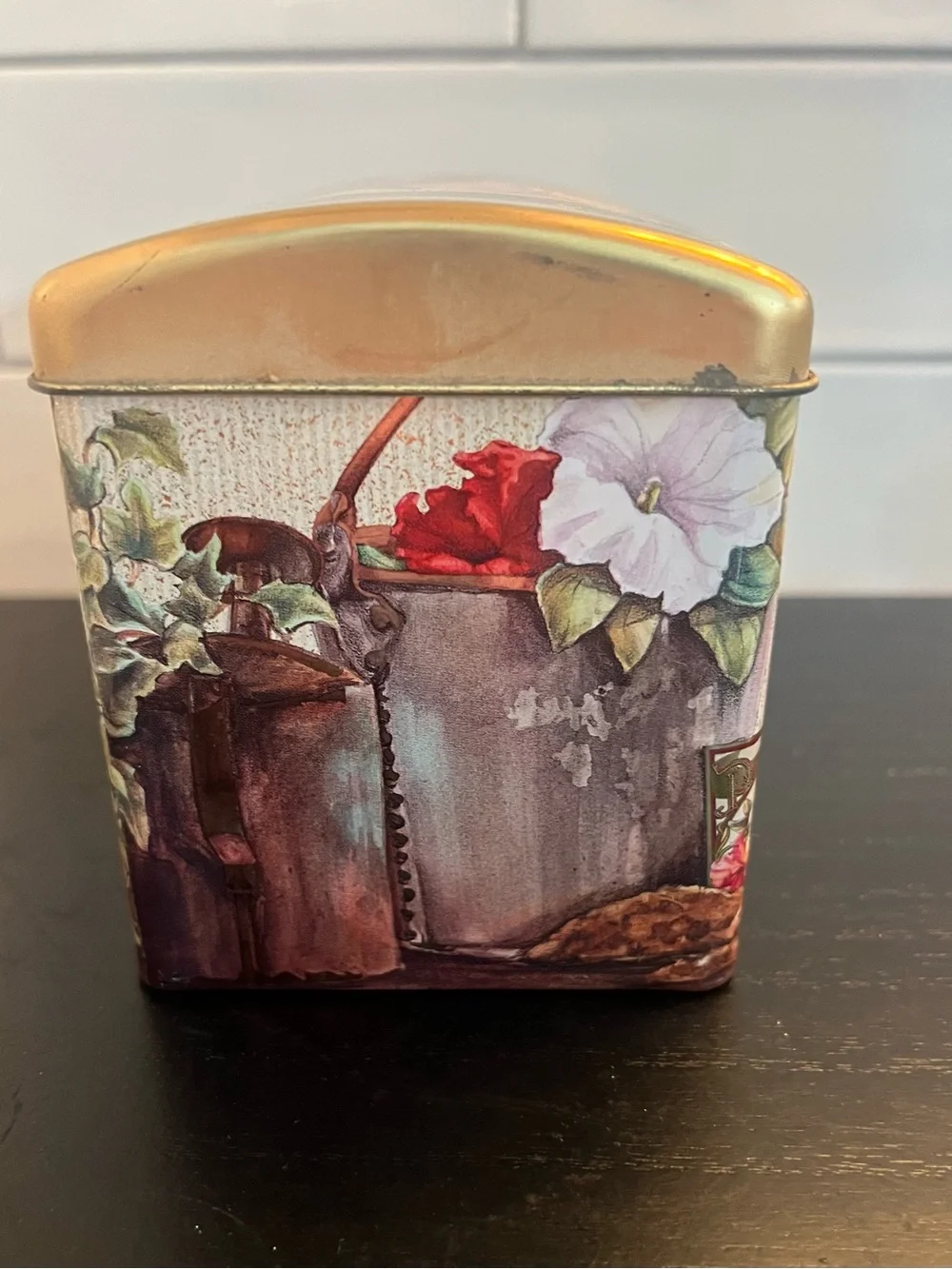 Decorative Garden Pansy Seeds Tin Storage Box - Gold and Brown
